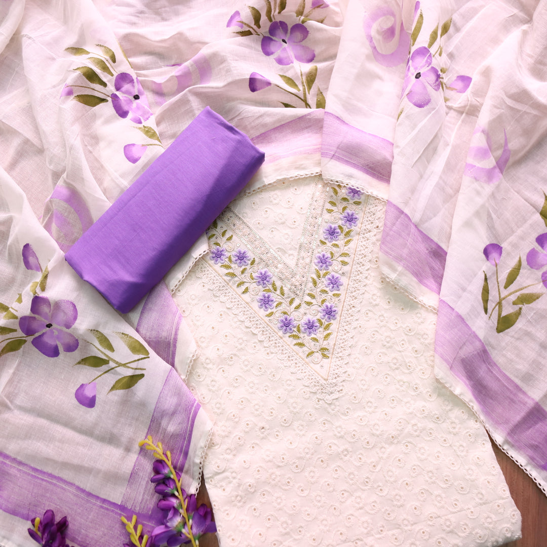 Diwani Cream Beige with Purple Thread Embroidery Work Cotton Schiffli Suit Set