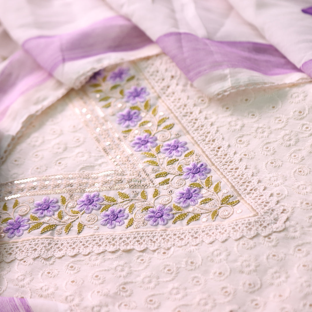 Diwani Cream Beige with Purple Thread Embroidery Work Cotton Schiffli Suit Set