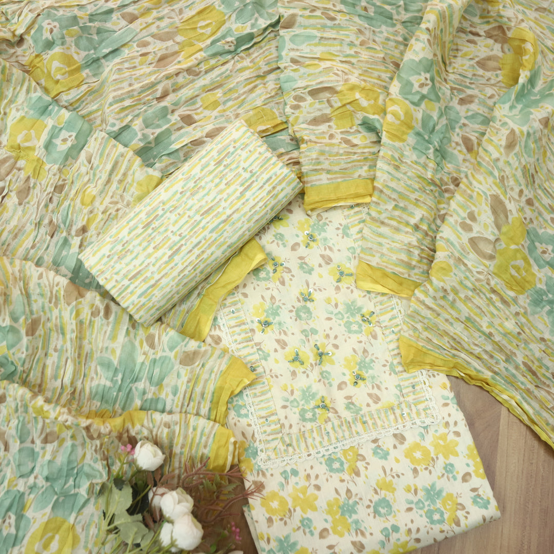 Diwani Buttermilk Yellow Thread Work Detailing Floral Printed Cotton Suit Set