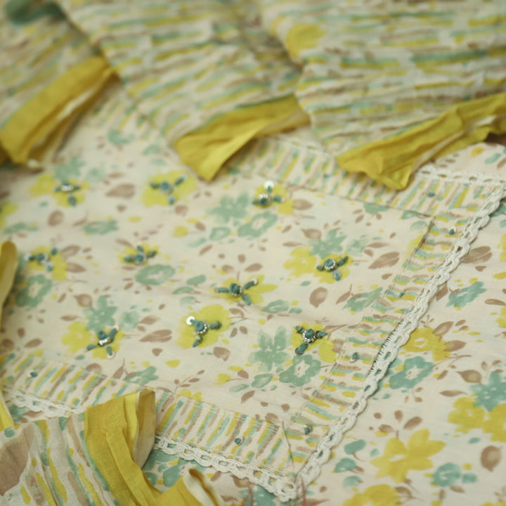 Diwani Buttermilk Yellow Thread Work Detailing Floral Printed Cotton Suit Set