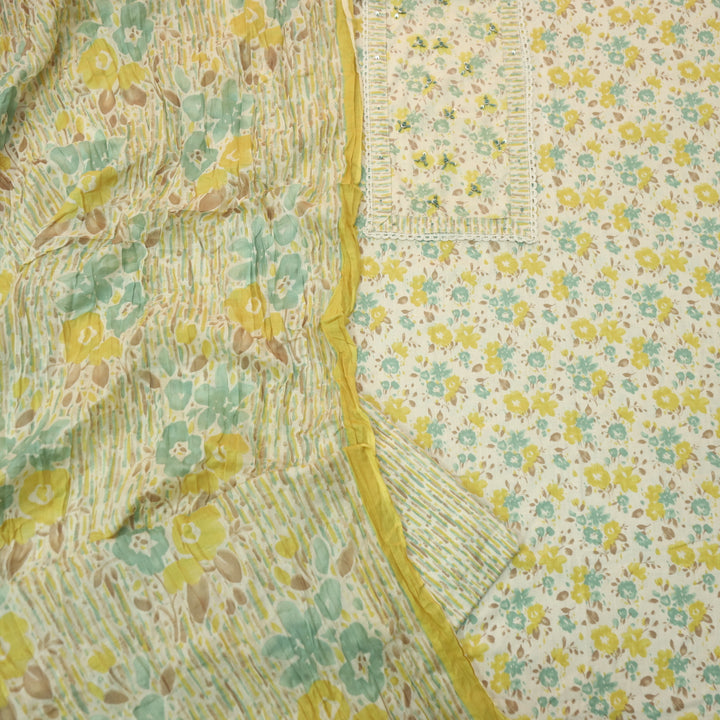 Diwani Buttermilk Yellow Thread Work Detailing Floral Printed Cotton Suit Set
