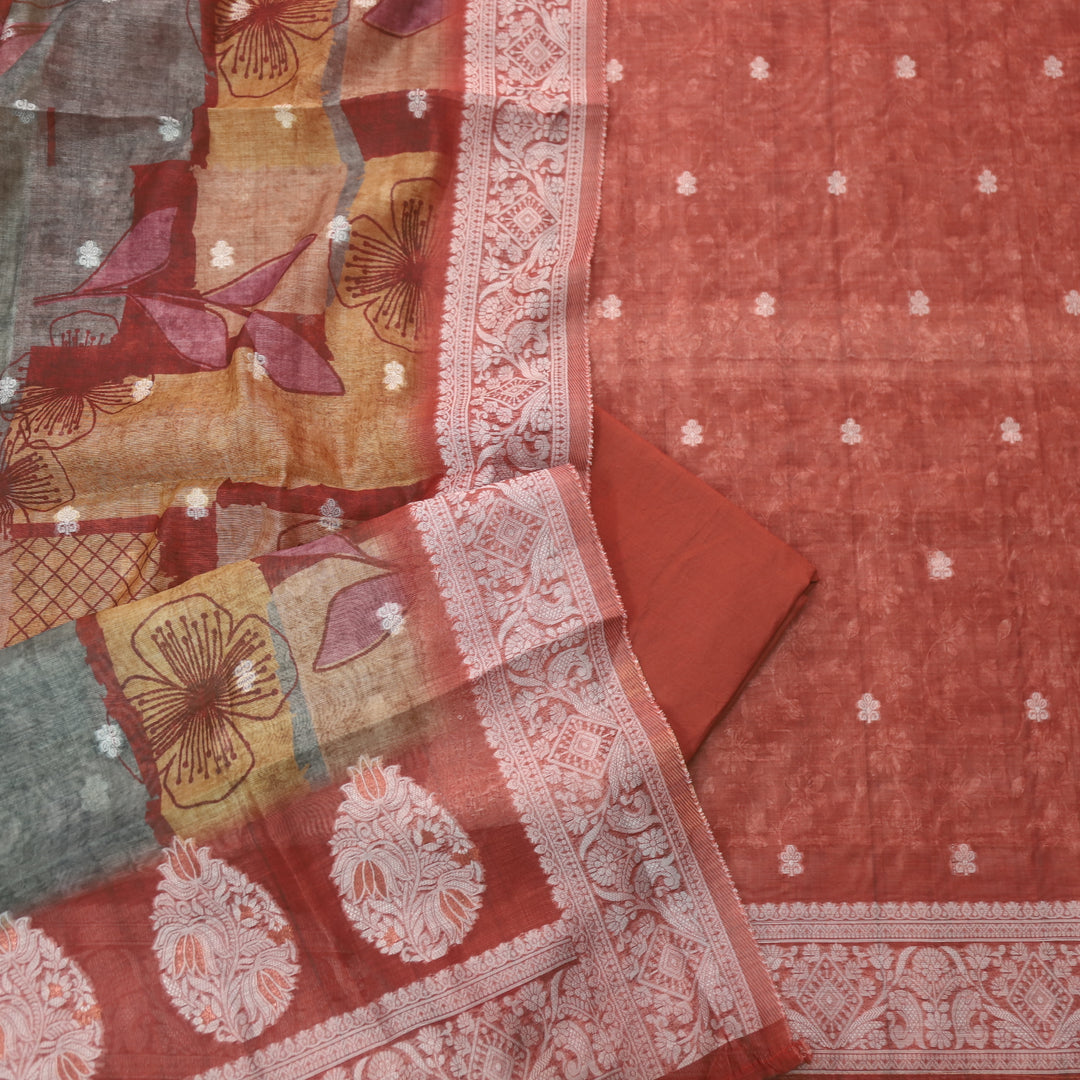 Faasla Rust Orange Authentic Jamdani Weaved Hem Chanderi Suit Set