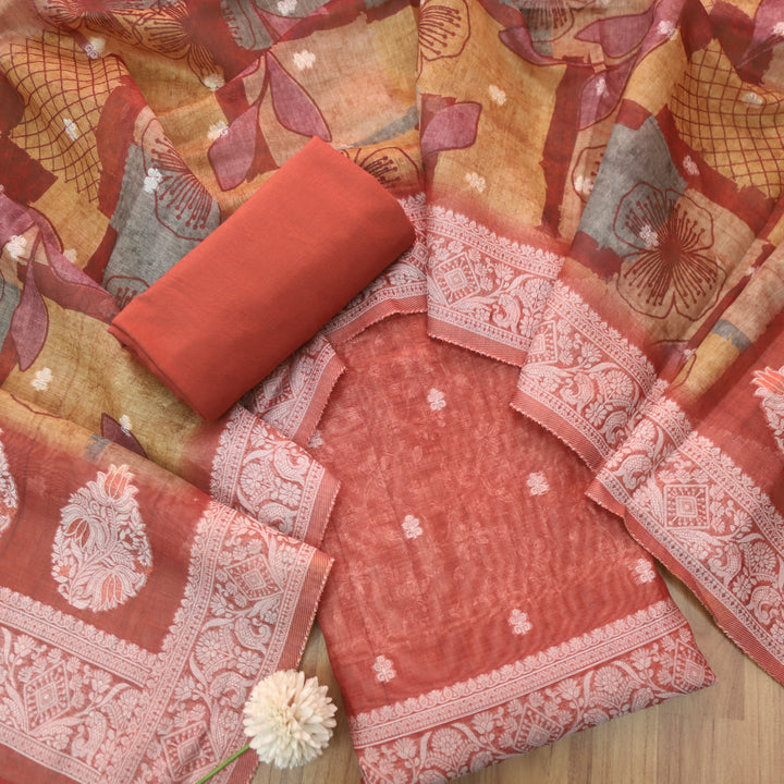 Faasla Rust Orange Authentic Jamdani Weaved Hem Chanderi Suit Set