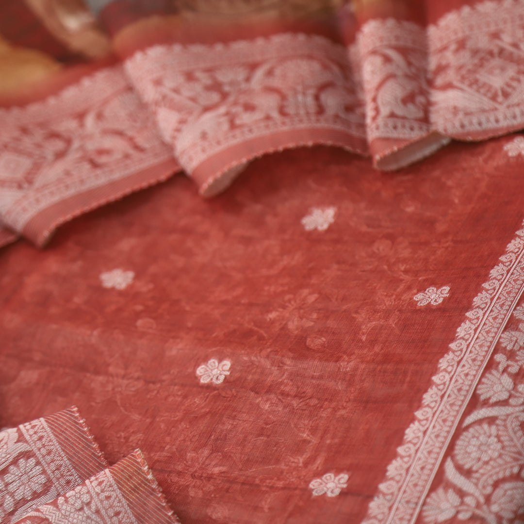 Faasla Rust Orange Authentic Jamdani Weaved Hem Chanderi Suit Set
