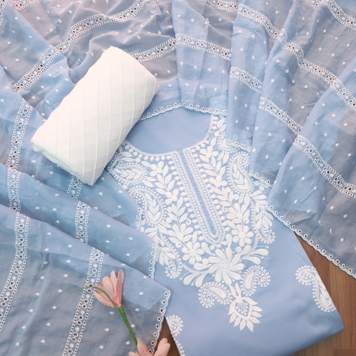 Suroor Powder Blue Chikankari Inspired Neck Thread Work Cotton Suit Set