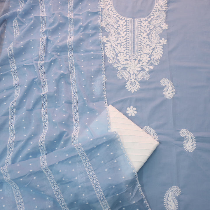 Suroor Powder Blue Chikankari Inspired Neck Thread Work Cotton Suit Set