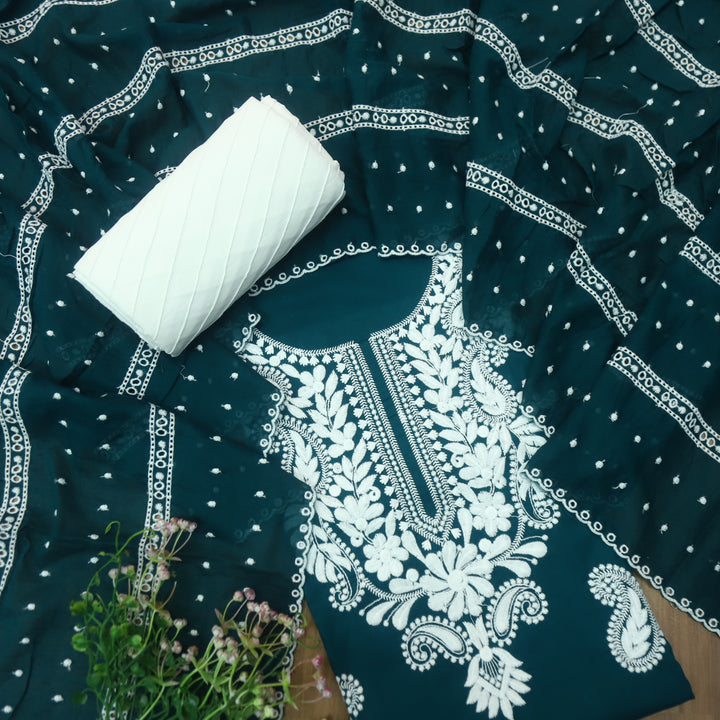 Suroor Arabian Teal Chikankari Inspired Neck Thread Work Cotton Suit Set