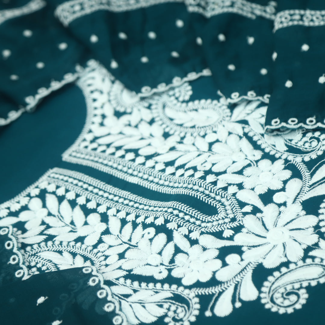 Suroor Arabian Teal Chikankari Inspired Neck Thread Work Cotton Suit Set