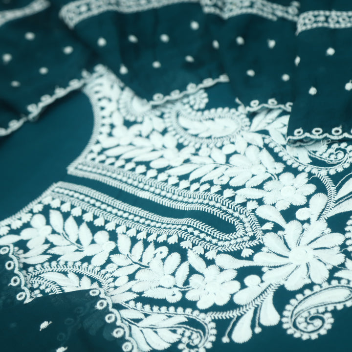 Suroor Arabian Teal Chikankari Inspired Neck Thread Work Cotton Suit Set