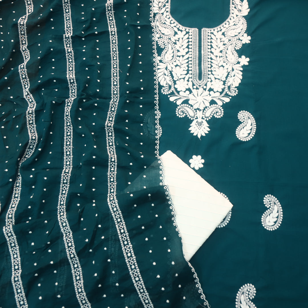 Suroor Arabian Teal Chikankari Inspired Neck Thread Work Cotton Suit Set