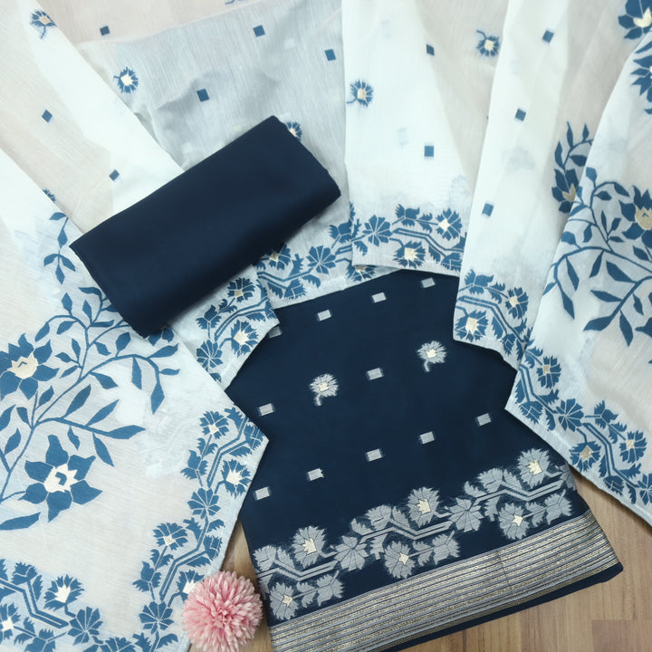 Raajhan Dark Navy Blue in Zari with Authentic Jamdani Weaved Suit Set