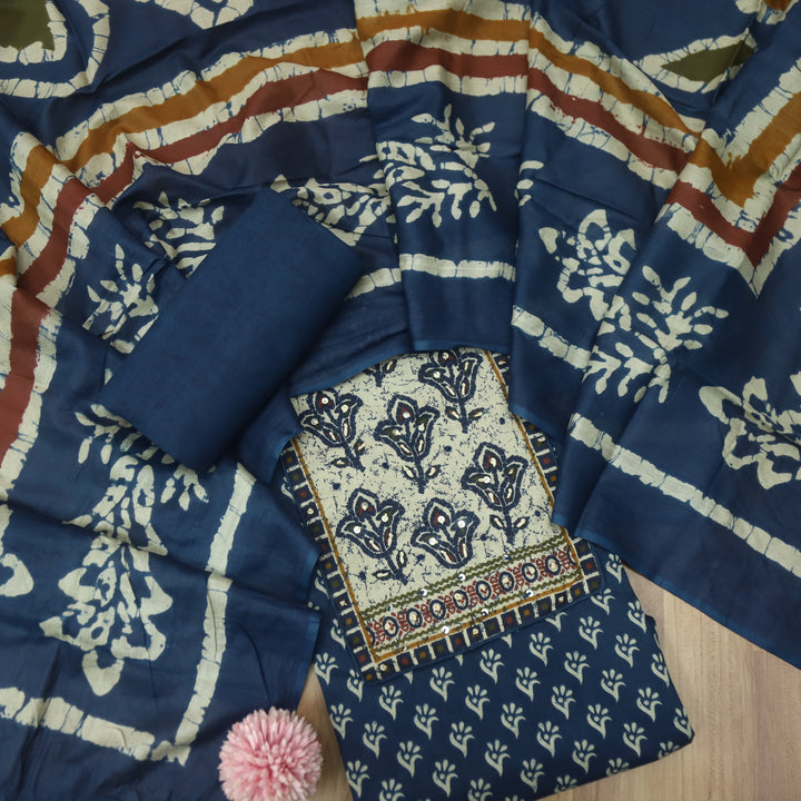 Ravaniya Denim Blue Kantha Work Patch Neck Work Printed Cotton Suit Set