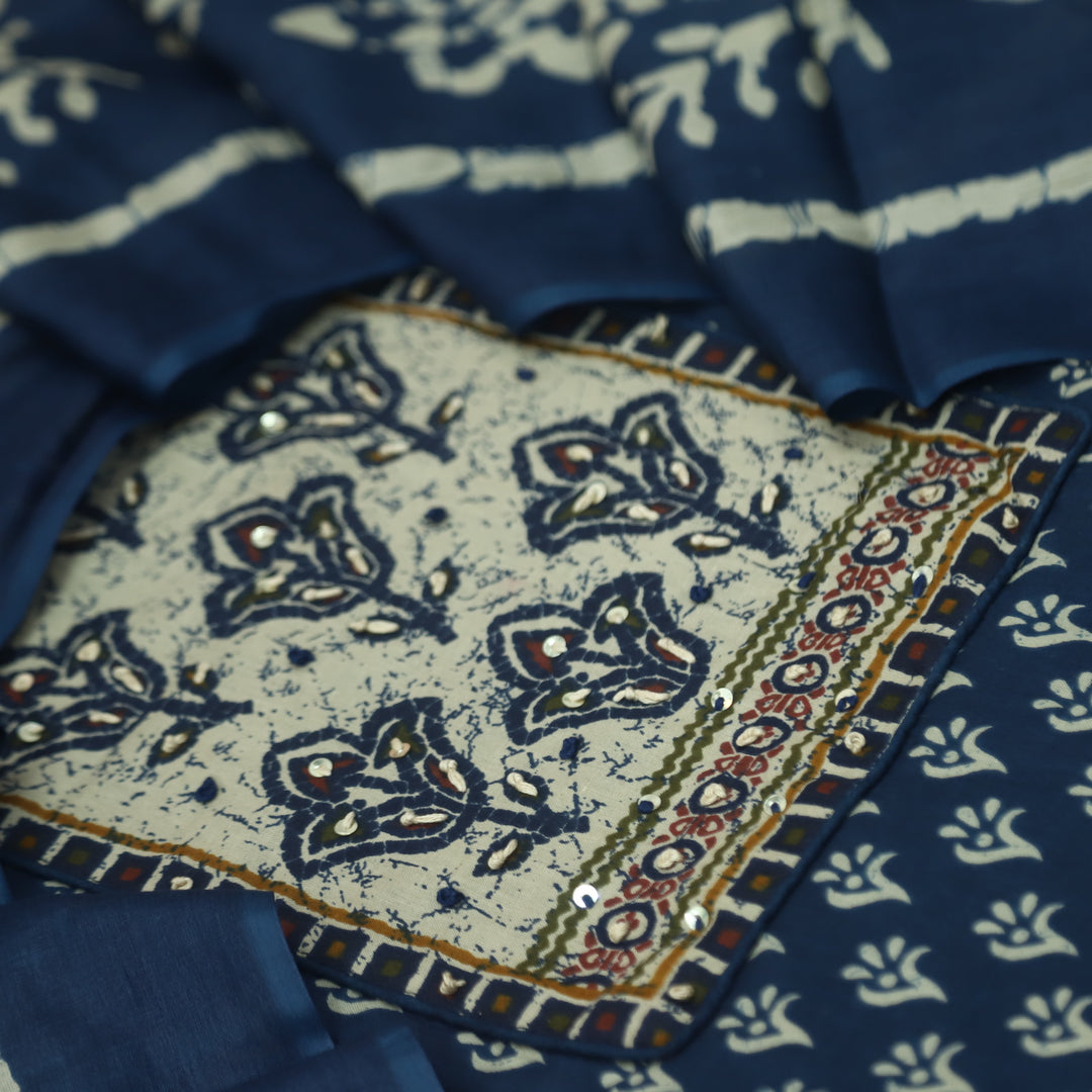 Ravaniya Denim Blue Kantha Work Patch Neck Work Printed Cotton Suit Set