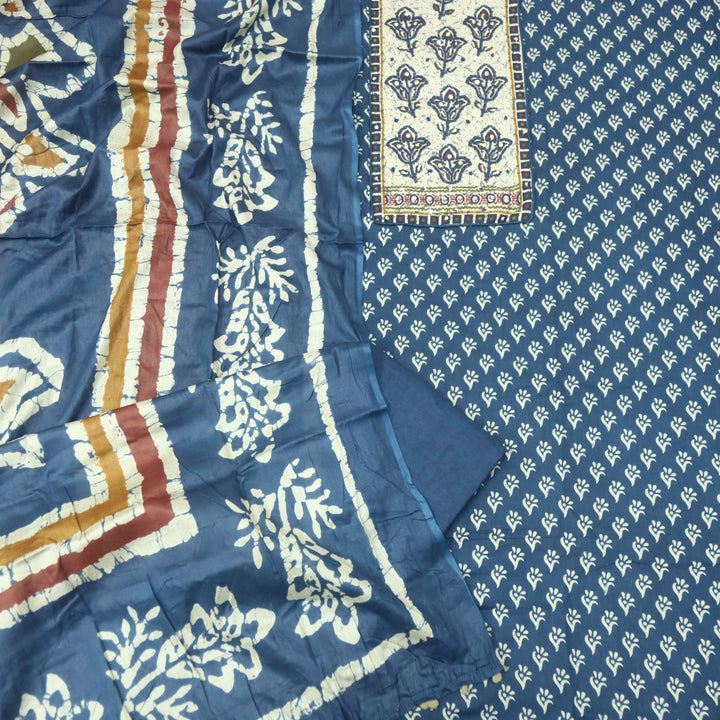 Ravaniya Denim Blue Kantha Work Patch Neck Work Printed Cotton Suit Set