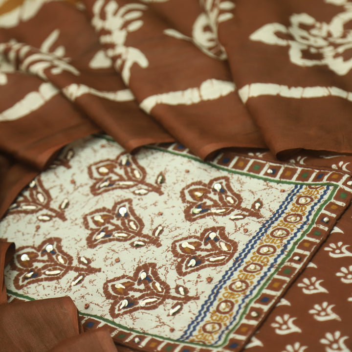 Ravaniya Coffee Brown Kantha Work Patch Neck Work Printed Cotton Suit Set