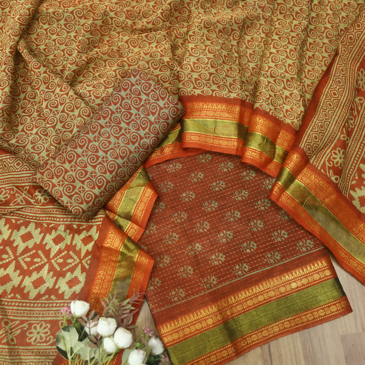 Kranti Rust Orange Digital Printed Mangalgiri Hem Work Cotton Suit Set