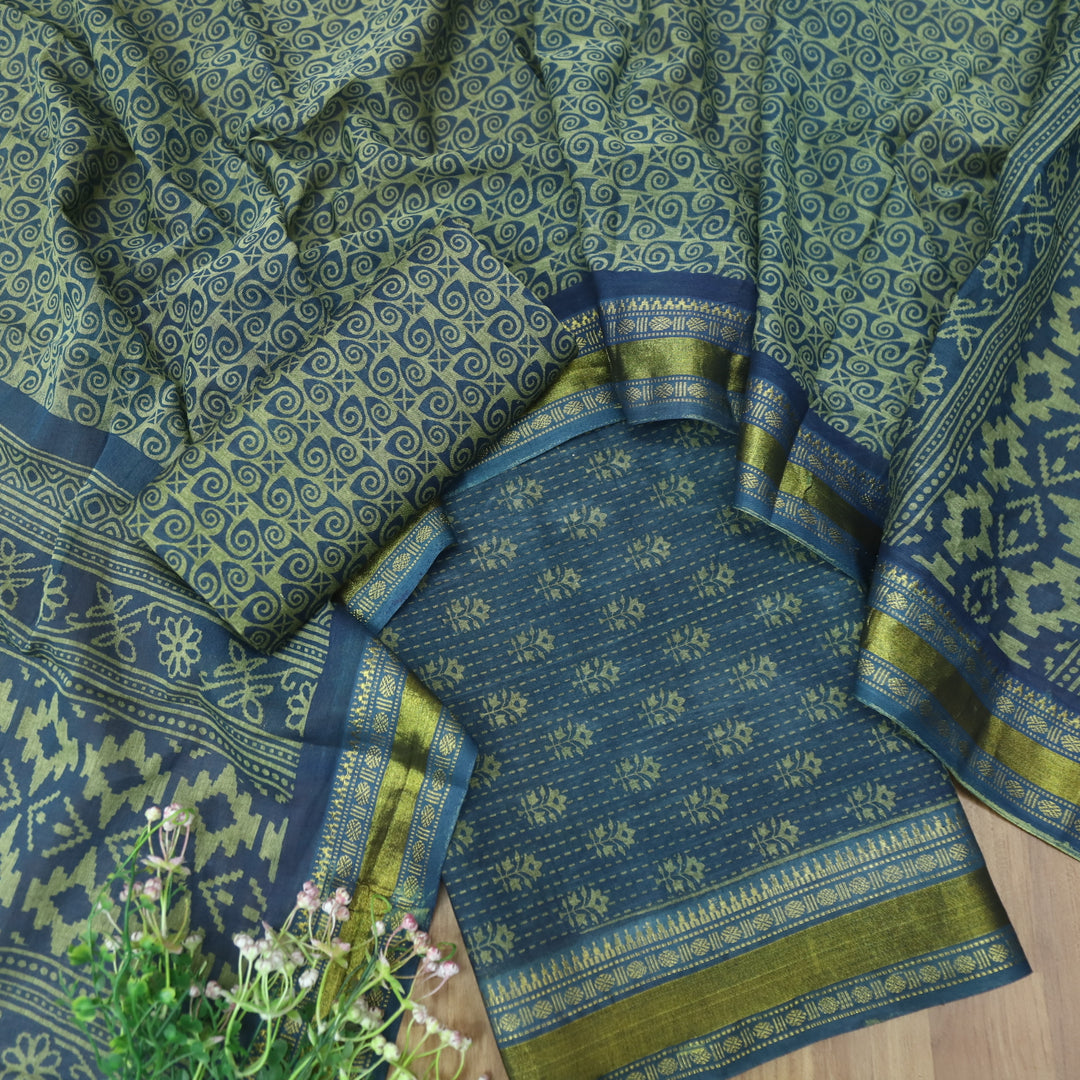 Kranti Spruce Blue Digital Printed Mangalgiri Hem Work Cotton Suit Set