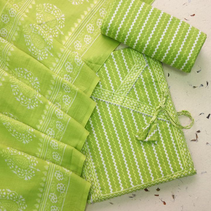 Farheen Parrot Green Digital Printed In Angrakha Style Neck Cotton Suit Set