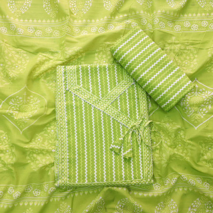 Farheen Parrot Green Digital Printed In Angrakha Style Neck Cotton Suit Set