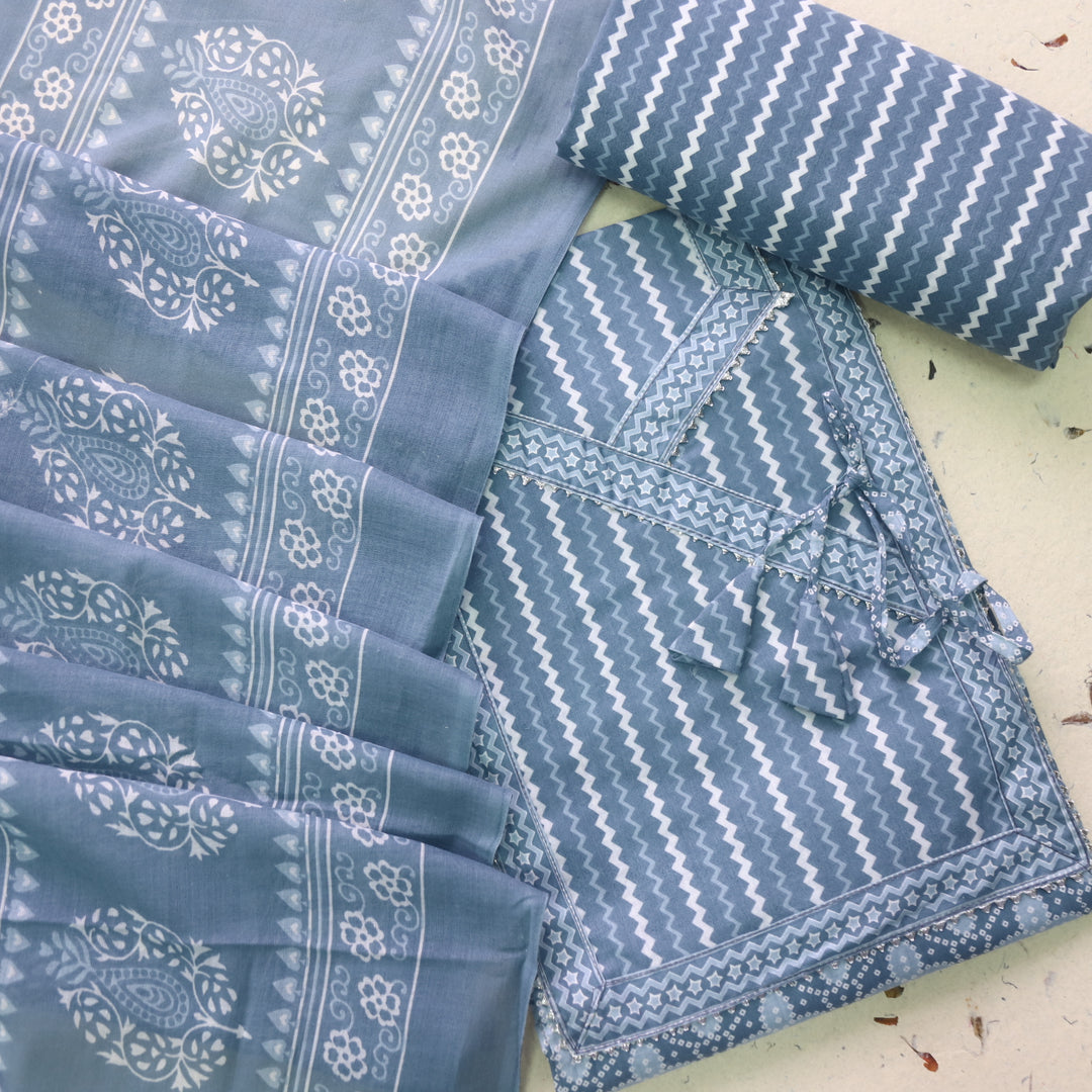 Farheen Fossil Grey Digital Printed In Angrakha Style Neck Cotton Suit Set