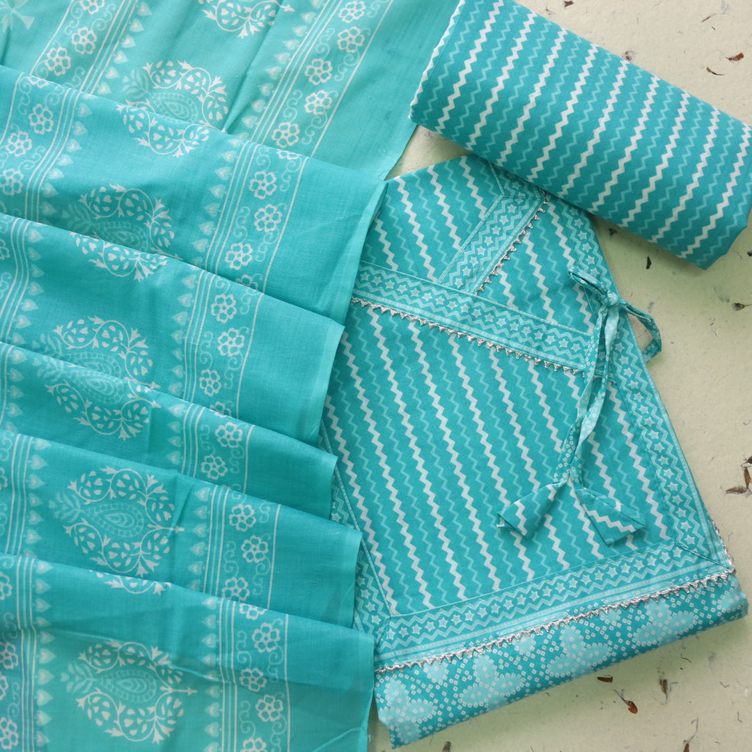Farheen Aqua Teal Digital Printed In Angrakha Style Neck Cotton Suit Set