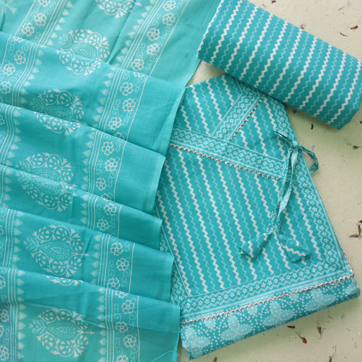 Farheen Aqua Teal Digital Printed In Angrakha Style Neck Cotton Suit Set
