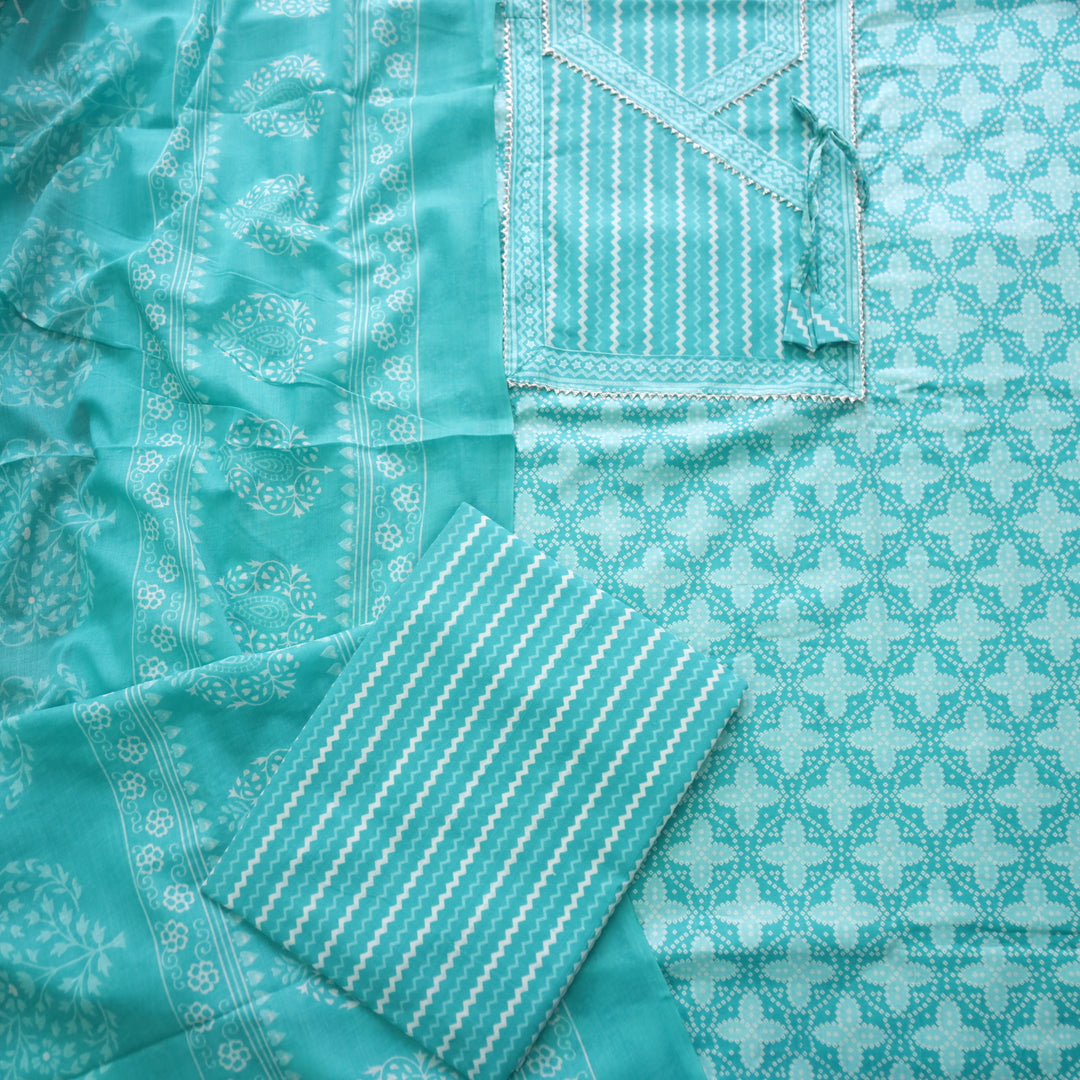 Farheen Aqua Teal Digital Printed In Angrakha Style Neck Cotton Suit Set