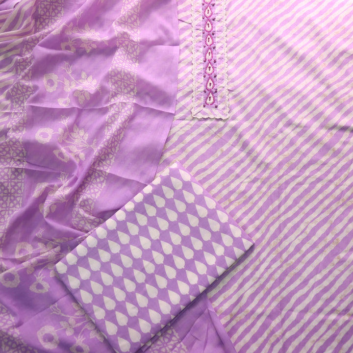 Farheen Soft Lilac Moti Work Neck Patch in Leheriya Printed Cotton Suit Set