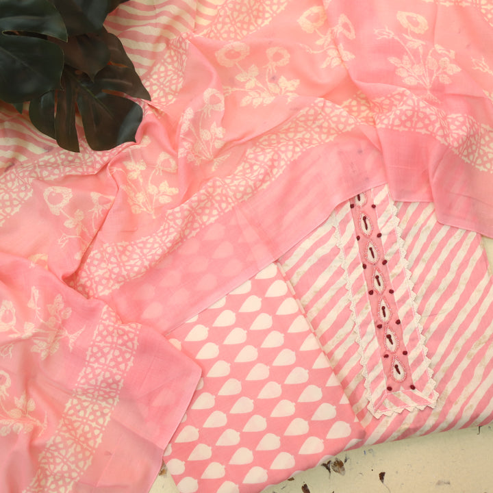 Farheen Blush Coral Moti Work Neck Patch in Leheriya Printed Cotton Suit Set