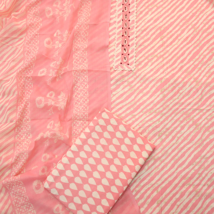 Farheen Blush Coral Moti Work Neck Patch in Leheriya Printed Cotton Suit Set