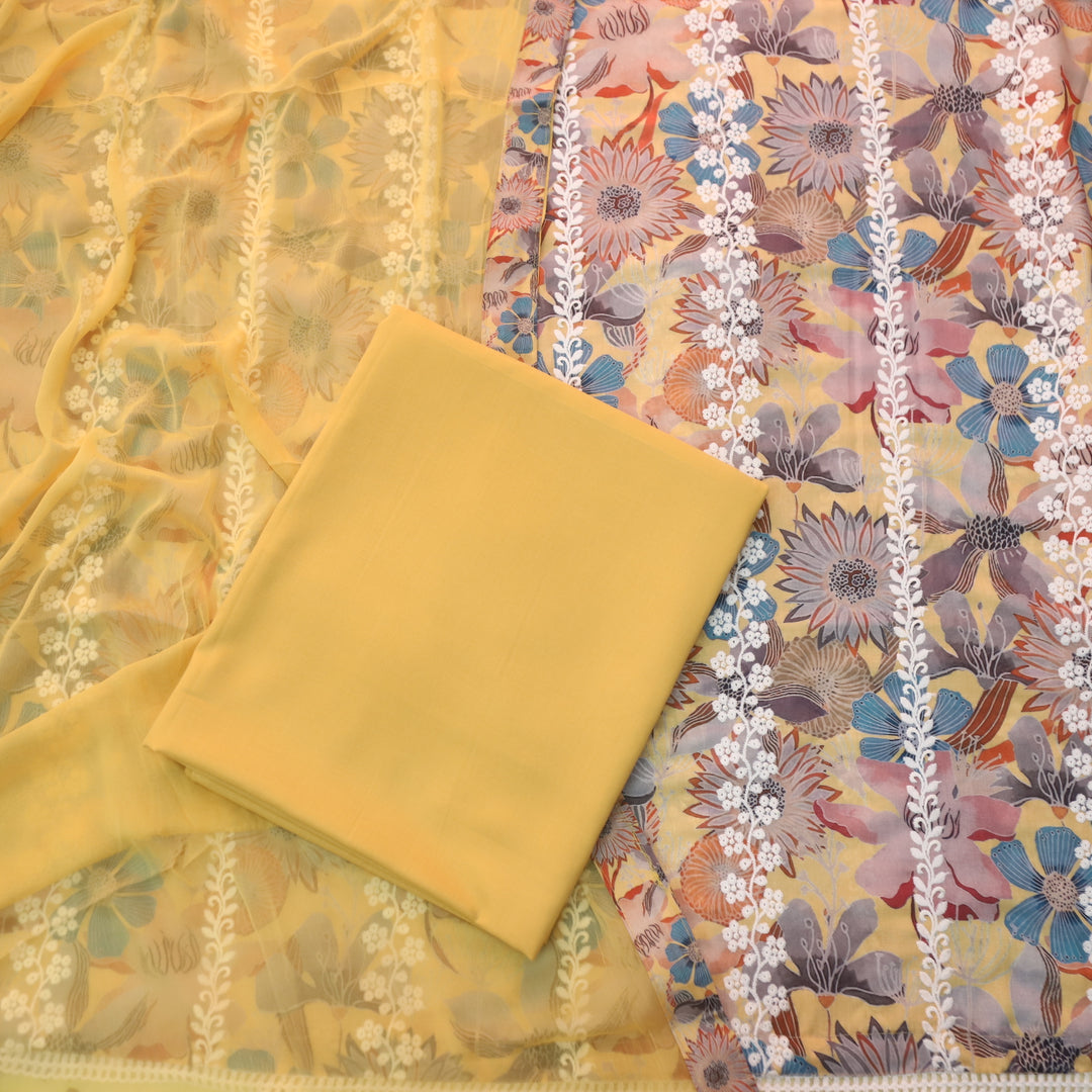 Madhubala Butterscotch Yellow Thread Embroidered Work Cotton Suit Set