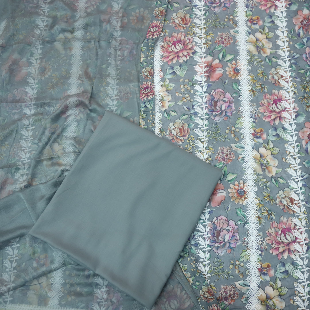 Madhubala Fossil Grey Thread Embroidered Work Cotton Suit Set