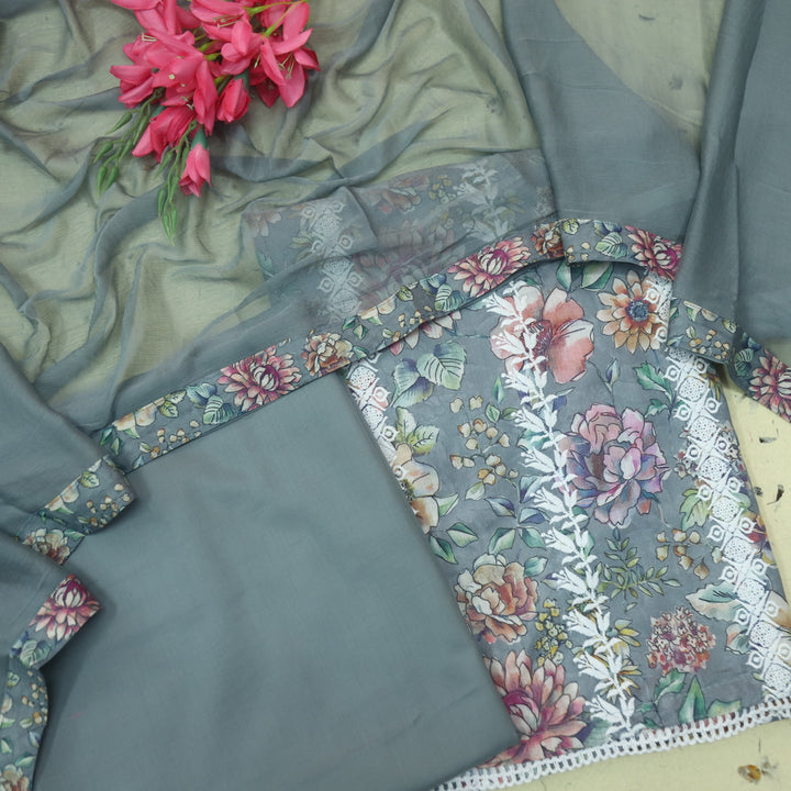 Madhubala Fossil Grey Thread Embroidered Work Cotton Suit Set