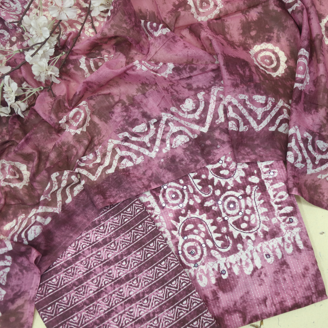Farheen Mulberry Purple Patra Detailing in Dabu Floral Printed Cotton Suit Set