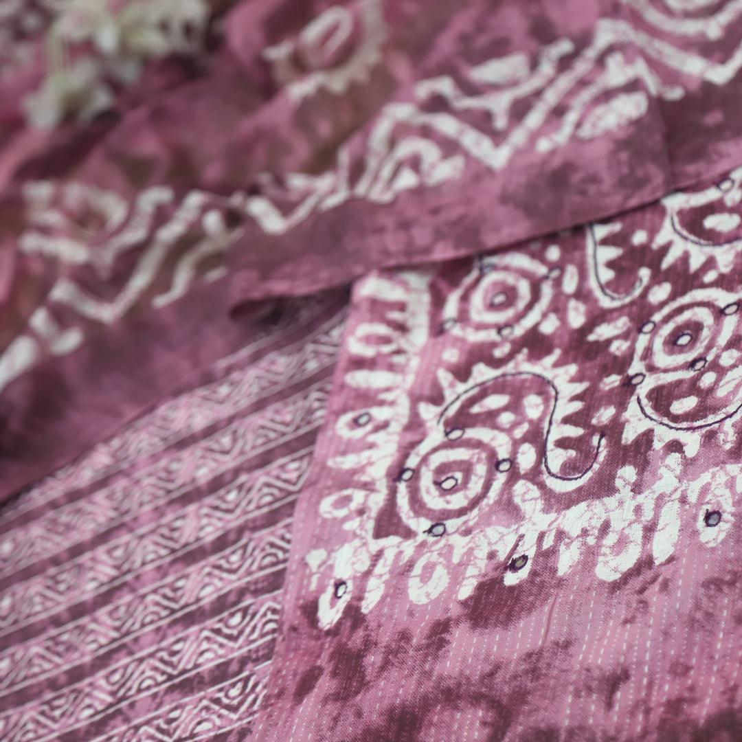 Farheen Mulberry Purple Patra Detailing in Dabu Floral Printed Cotton Suit Set