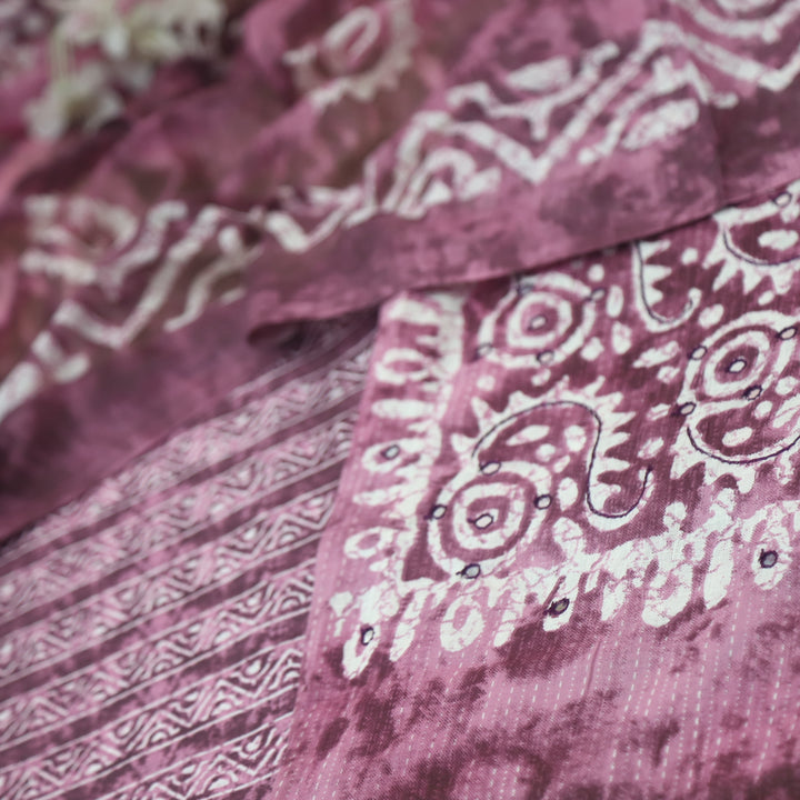 Farheen Mulberry Purple Patra Detailing in Dabu Floral Printed Cotton Suit Set