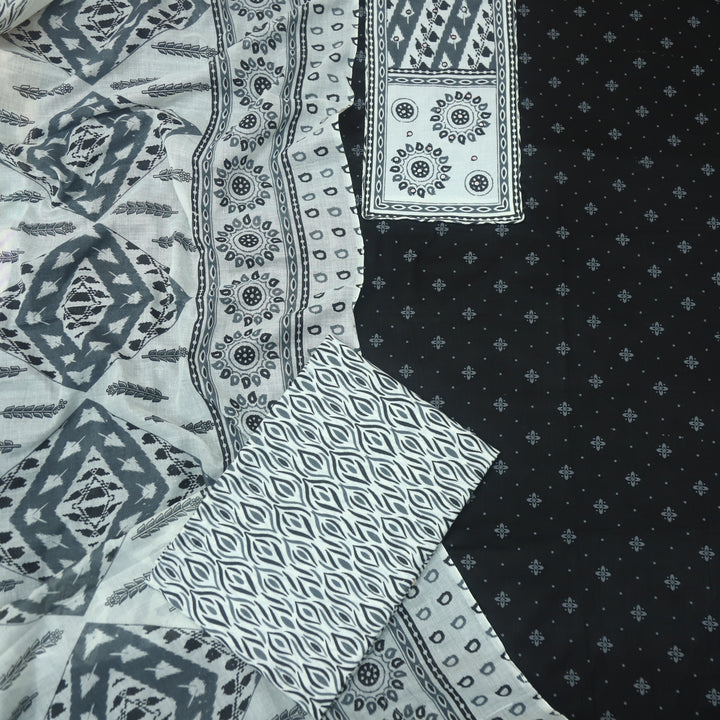Farheen Ebony Black Patra Detailing Patch Work in Printed Cotton Suit Set
