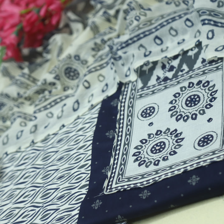 Farheen Navy Blue Patra Detailing Patch Work in Printed Cotton Suit Set