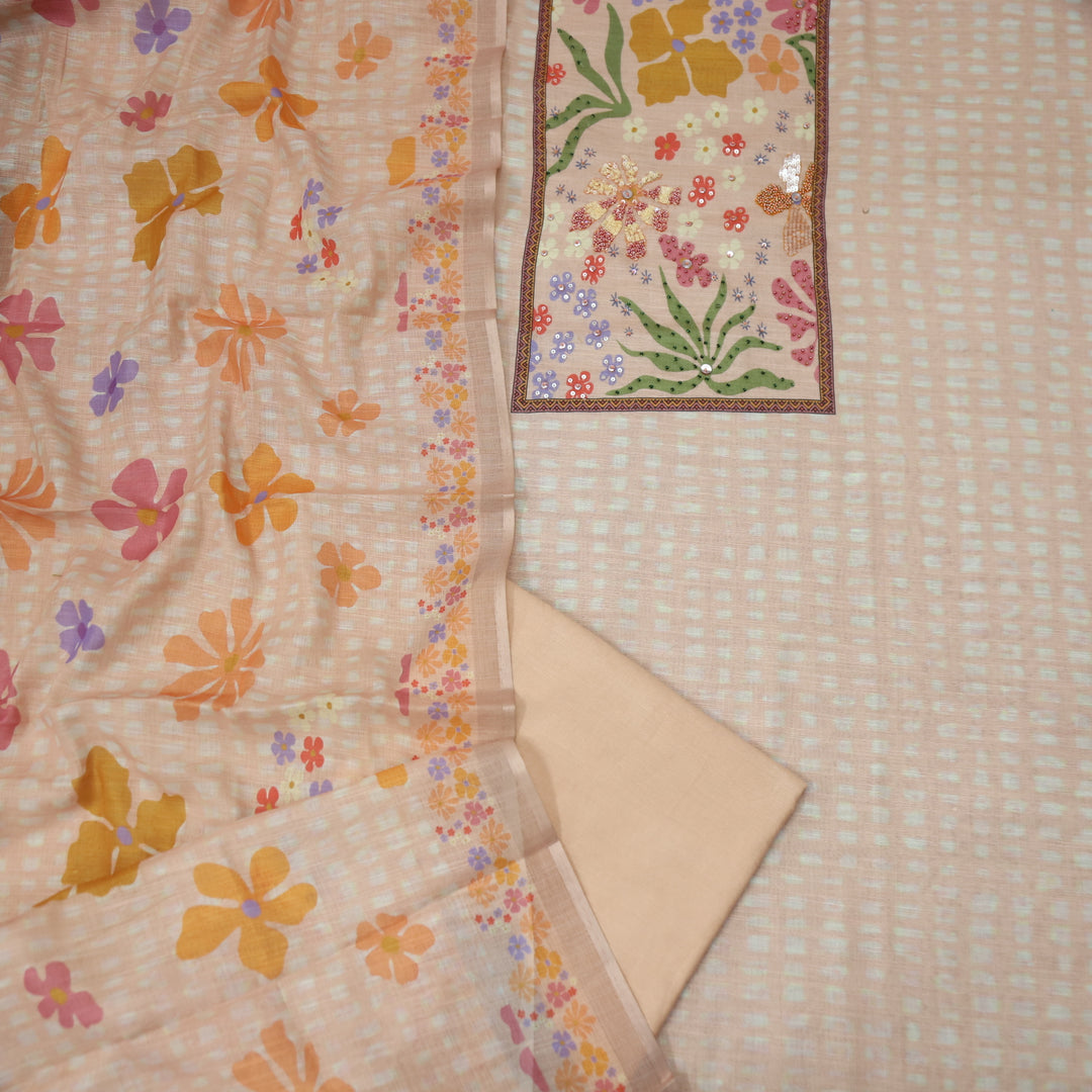 Sadha Soft Peach Floral Patch Neck with Moti Work Detailing Cotton Linen Set