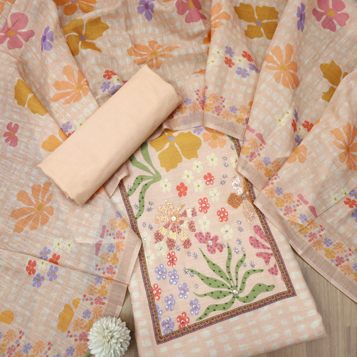 Sadha Soft Peach Floral Patch Neck with Moti Work Detailing Cotton Linen Set