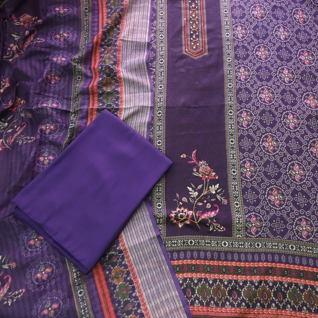Reshmi Eggplant Purple Thread Weaved in Bandhani Printed Cotton Suit Set