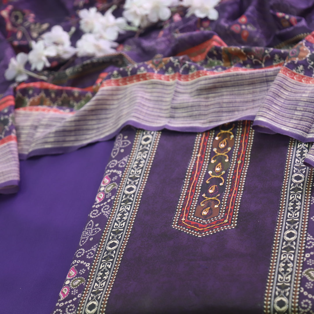 Reshmi Eggplant Purple Thread Weaved in Bandhani Printed Cotton Suit Set