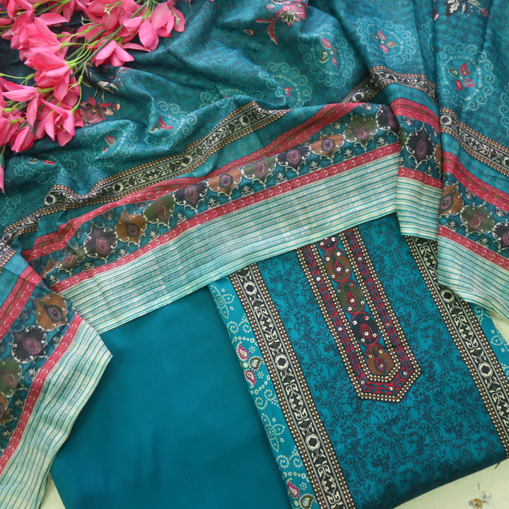 Reshmi Teal Blue Thread Weaved in Bandhani Printed Cotton Suit Set