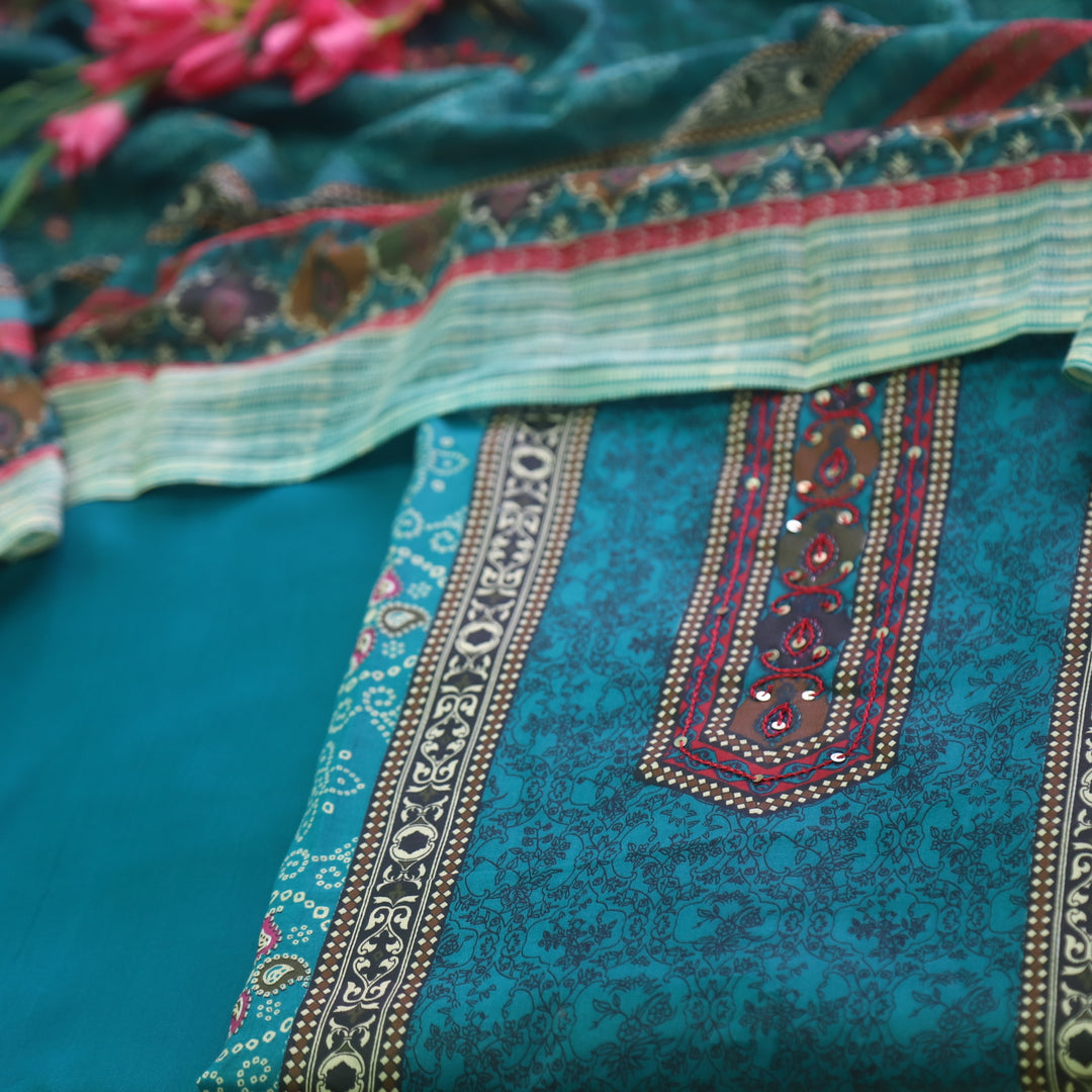 Reshmi Teal Blue Thread Weaved in Bandhani Printed Cotton Suit Set