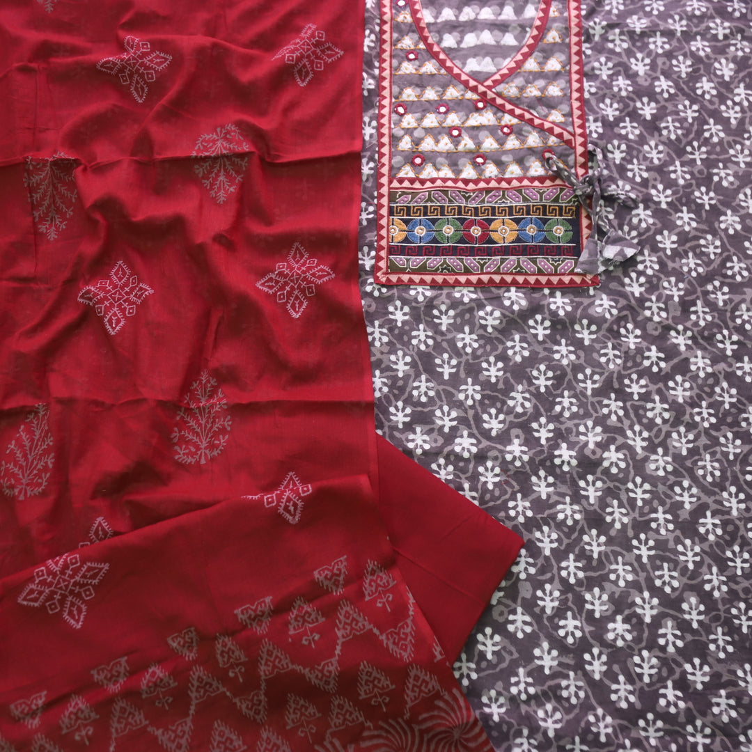 Kakaswi Tan Beige Angrakha Kutch Neck Work Printed Cotton Suit Set