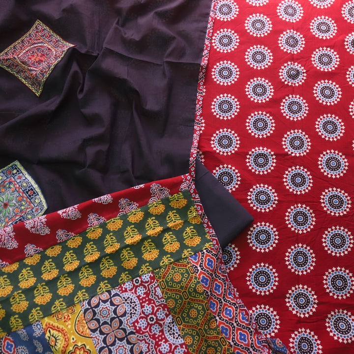 Kakaswi Berry Red Ajrak Printed Cotton Top with Applique Work Dupatta-D3