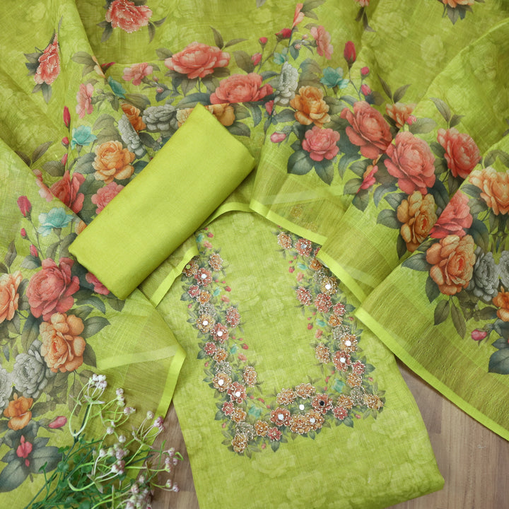 Falak Lemon Green Zari Detailing Floral Printed Shimmer Tissue Chanderi Set