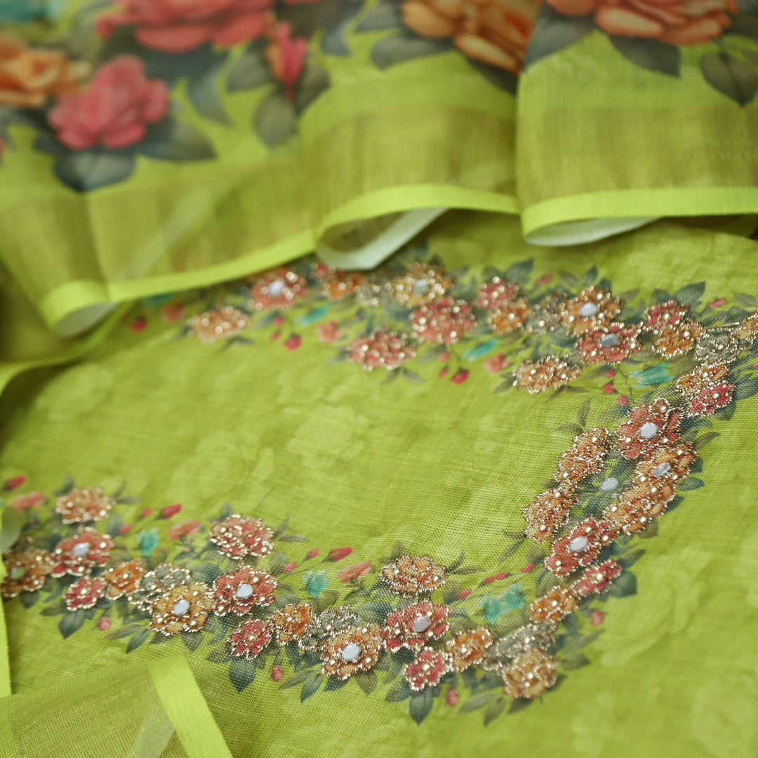 Falak Lemon Green Zari Detailing Floral Printed Shimmer Tissue Chanderi Set