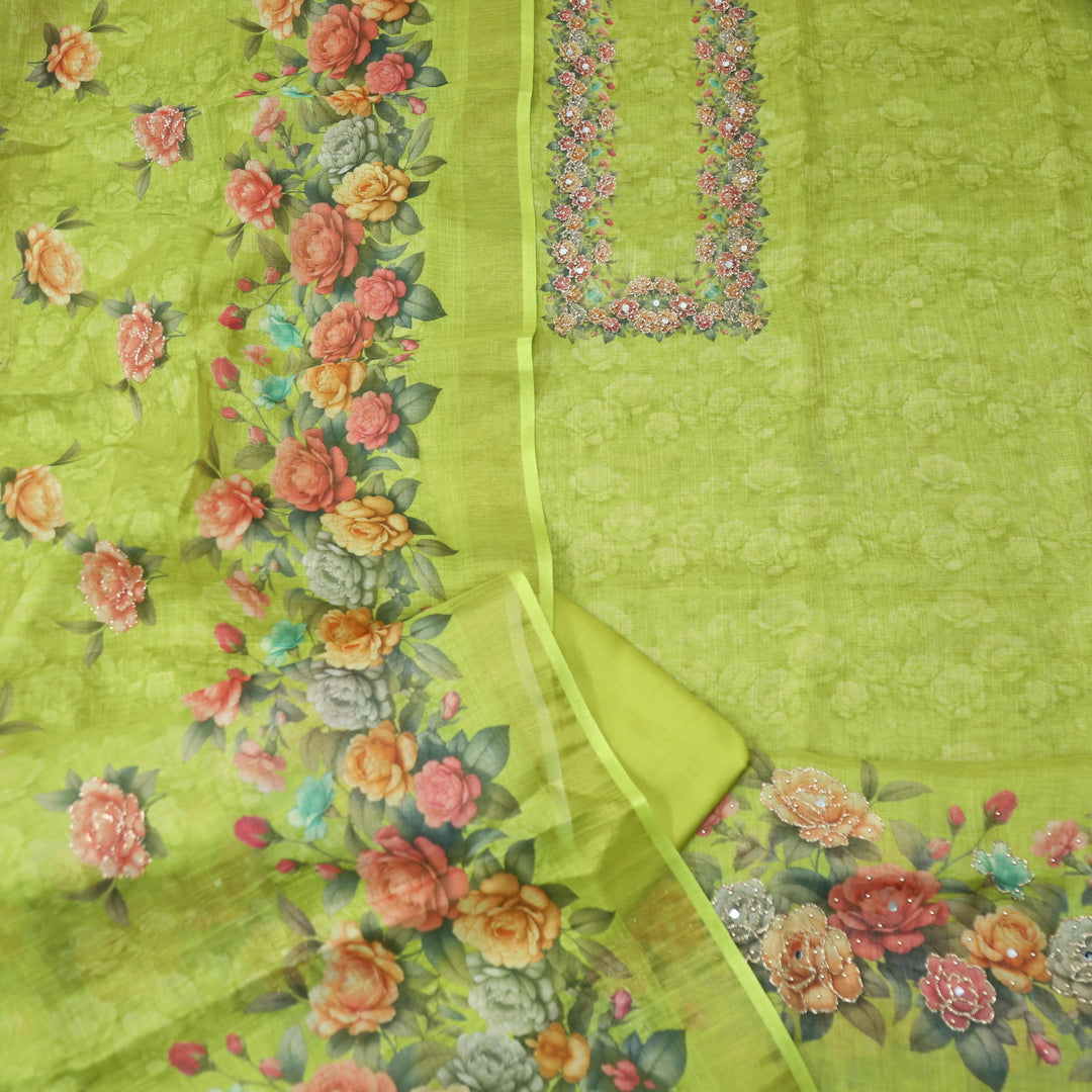 Falak Lemon Green Zari Detailing Floral Printed Shimmer Tissue Chanderi Set