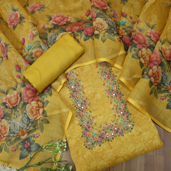 Falak Dijon Yellow Zari Detailing Floral Printed Shimmer Tissue Chanderi Set